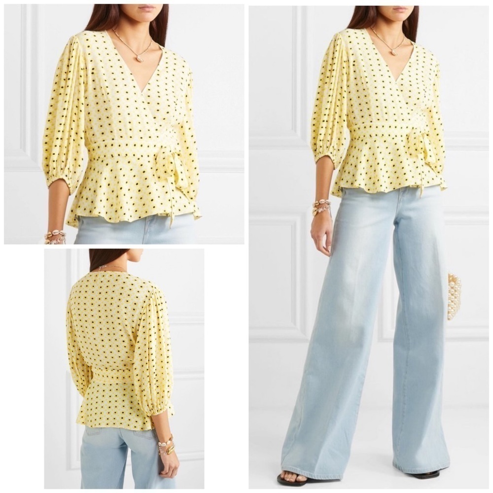 NWT Ganni Sunflower Floral-Print Yellow Crepe Wrap Blouse Top​​​​​​